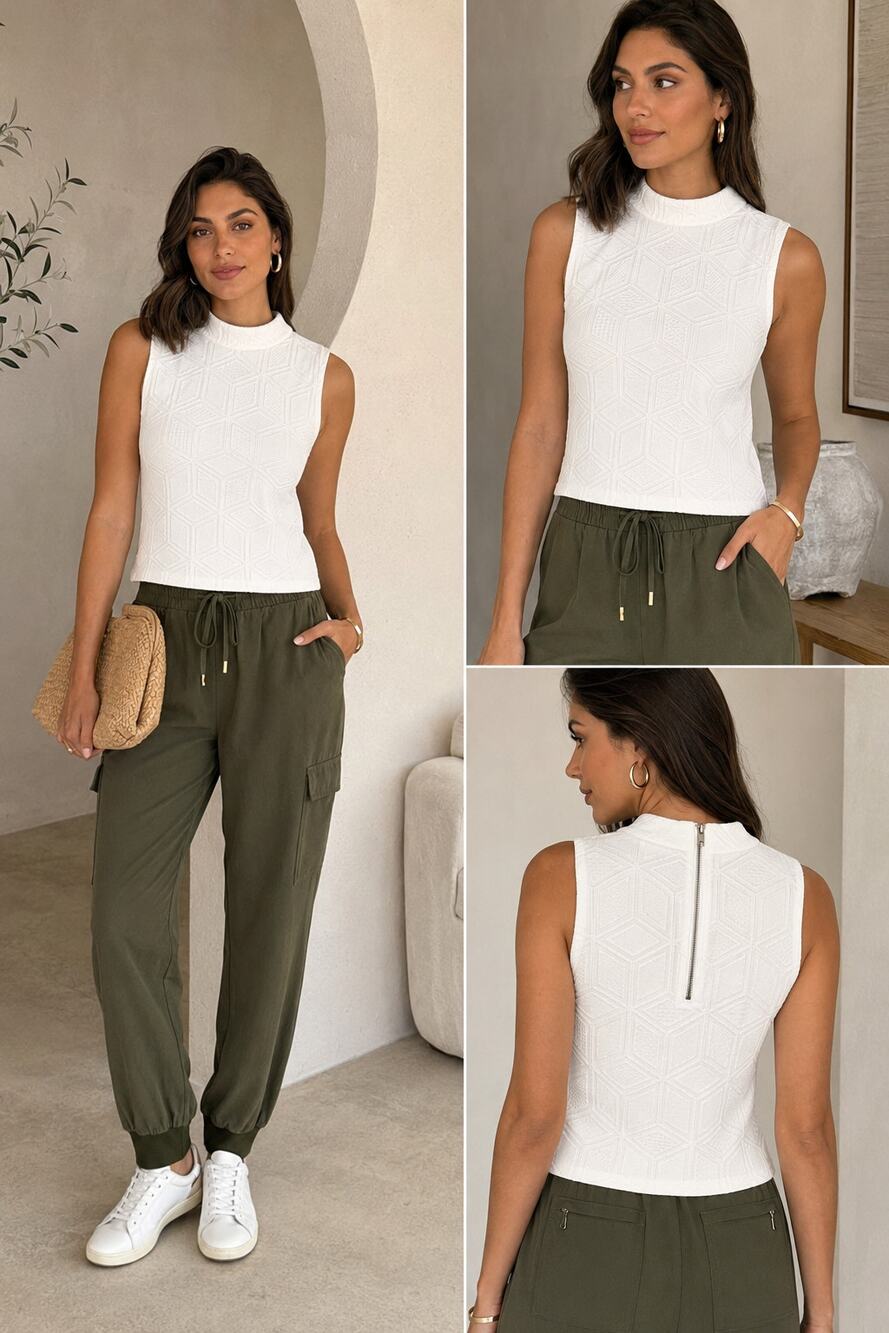 Postmark Anthropologie White Textured Mock Neck Sleeveless Top XS Geometric